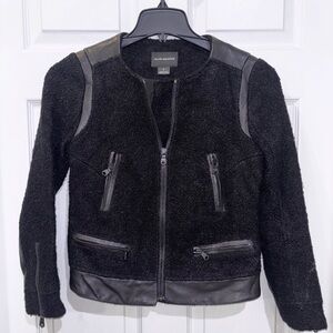 Club Monaco Motorcycle Jacket Womens SZ0 Black Wool Boucle Lambskin Leather Trim